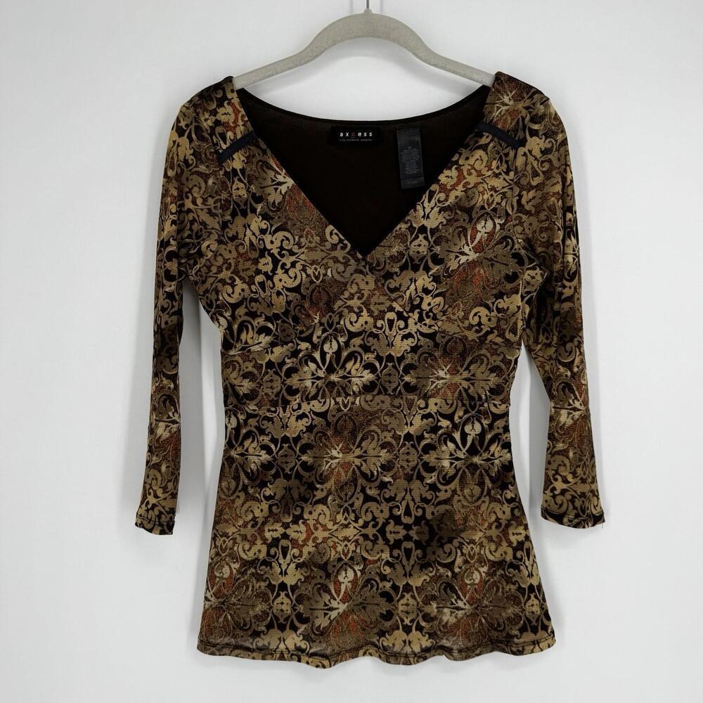 Vintage y2k 90s top shirt medium M babydoll brown floral fall v-neck boho hippie